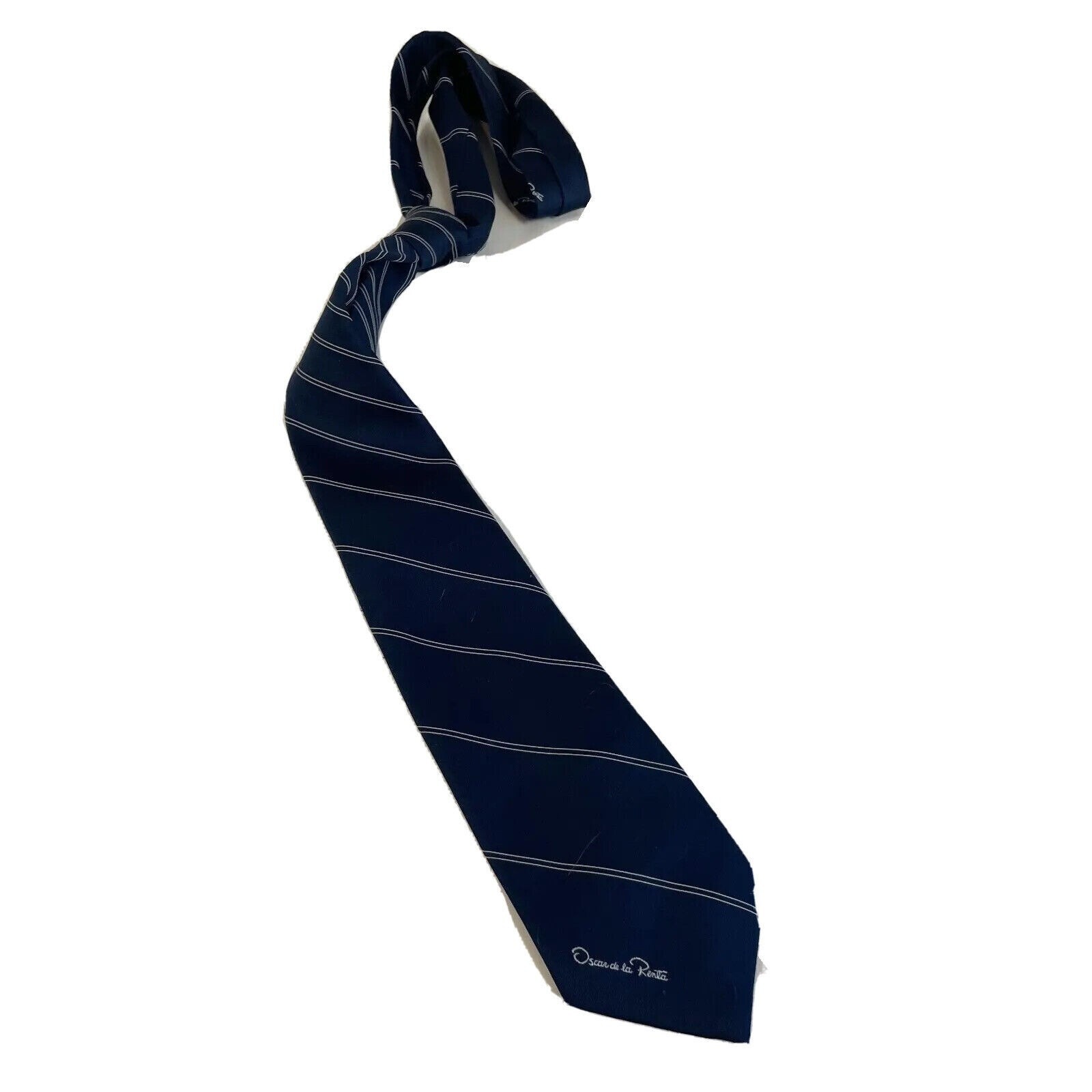 Oscar De La Renta Classic Designer Necktie Men One Size Navy Blue Skinny Striped